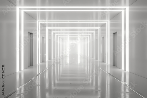 3d render of white sterile hallway  deep perspective  futuristic structure  2 