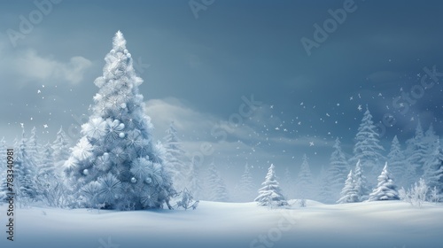 Decorated Christmas tree in a winter white forest.