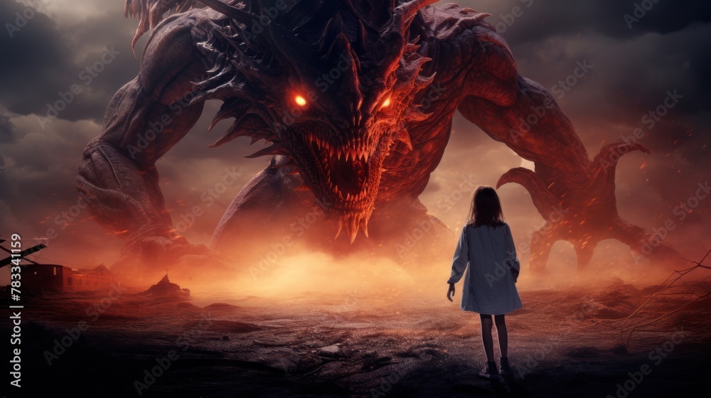 Eerie vibes as a young girl confronts a nightmare creature with haunting eyes. Eerie vibes as a young girl confronts a nightmare creature with haunting eyes.
