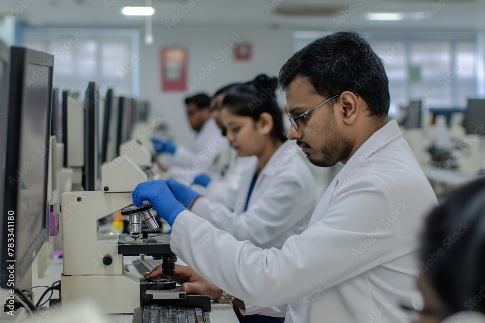 Fototapeta premium indian scientific microbiology lab workers analyzing research data (1)
