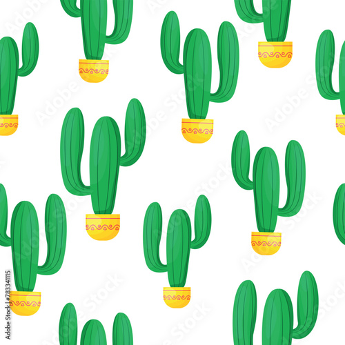 Cute seamless pattern with green cactuses. Succulent backdrop