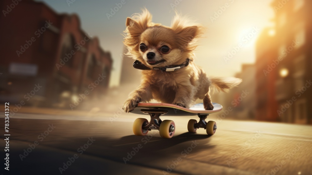 Fototapeta Skateboarding pet dog cruises along the street, demonstrating agility and enthusiasm for skateboarding.