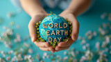 Child holding a small planet earth for World Earth Day - Save the planet - environmentalism - conservation - nature - with the caption “WORLD EARTH DAY”.