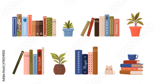 isolated stack and piles of various books. World book day. Vector set of educational books, plants, statue of a cat. Grainy illustrations on white background for book festival, store, book fair. 