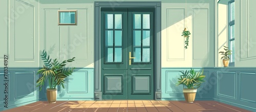 Inside a room, a cartoon door stands surrounded by various potted plants creating a cozy atmosphere