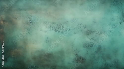 Verdigris color. Aerial view of a rugged, mist-covered landscape, evoking a sense of mystery and tranquility  photo