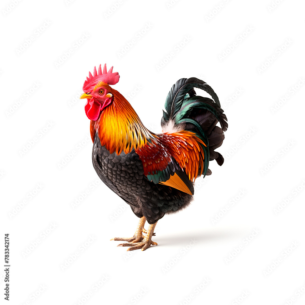 Colorful Rooster Standing on Top of White Floor. Generative AI