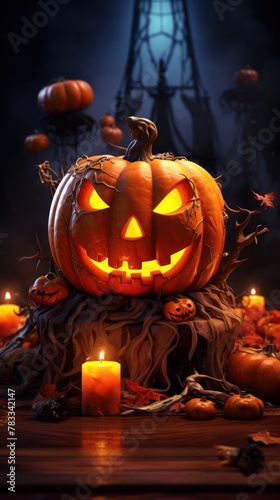 Creepy and festive: a glowing jack-o-lantern on a rustic table with misty surroundings.