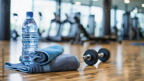 Sport, fitness, healthy lifestyle and bodybuilding concept - close up of bottle with water, towel, dumbbells on wooden floor in gym background. horizontal banner