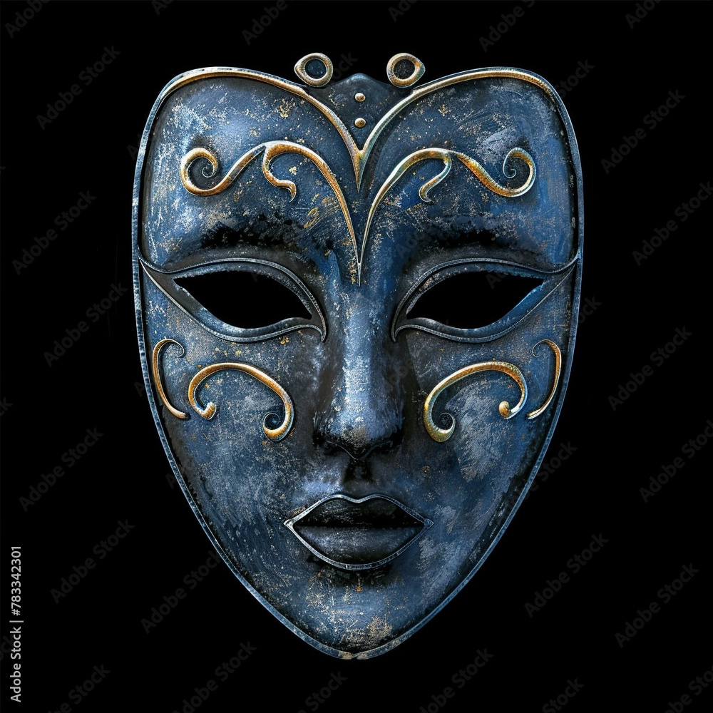 A blue mask with a gold design on it