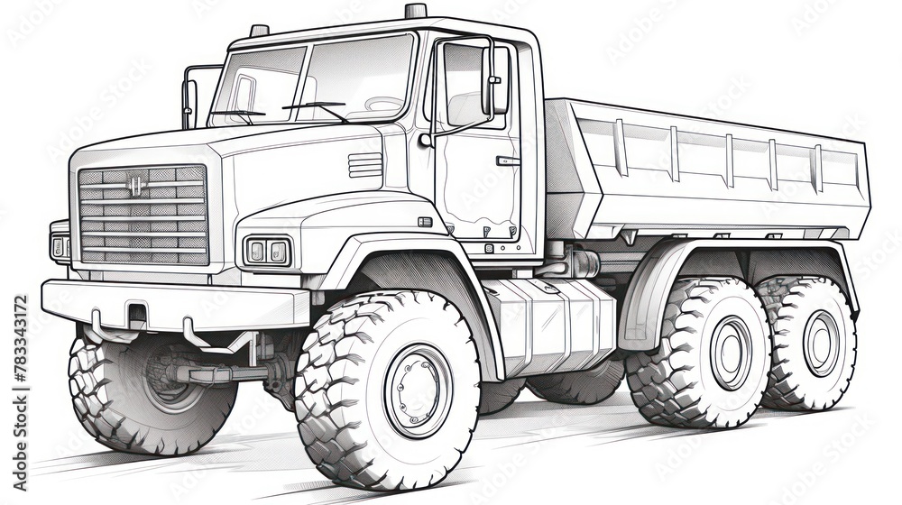 Coloring page featuring a heavy-duty dump truck - equipment, business, and the art of logistics. Coloring page featuring a heavy-duty dump truck - equipment, business, and the art of logistics.