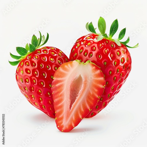 Three whole strawberries and one sliced in half, set against a white backdrop in a close-up shot