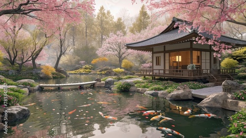 A traditional Japanese teahouse overlooks a serene koi pond surrounded by vibrant cherry blossoms, embodying a peaceful spring setting. Resplendent.