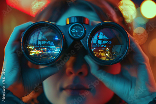 Person Viewing Cityscape Through Binoculars at Night
