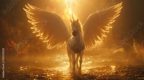 In nature's splendor, witness a majestic unicorn with wings, reared gracefully, providing a beautiful view. in sea