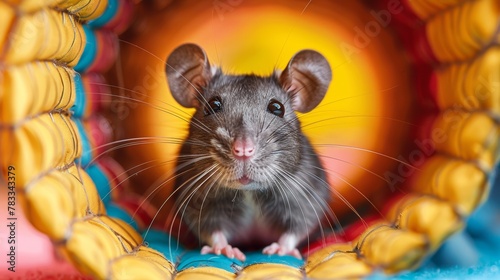 Gray Rat Sitting Inside Colorful Tunnel