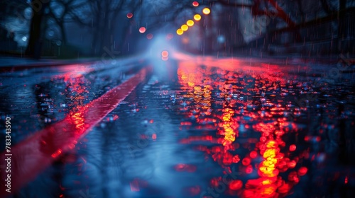 Wet Street With Red and Blue Lights photo