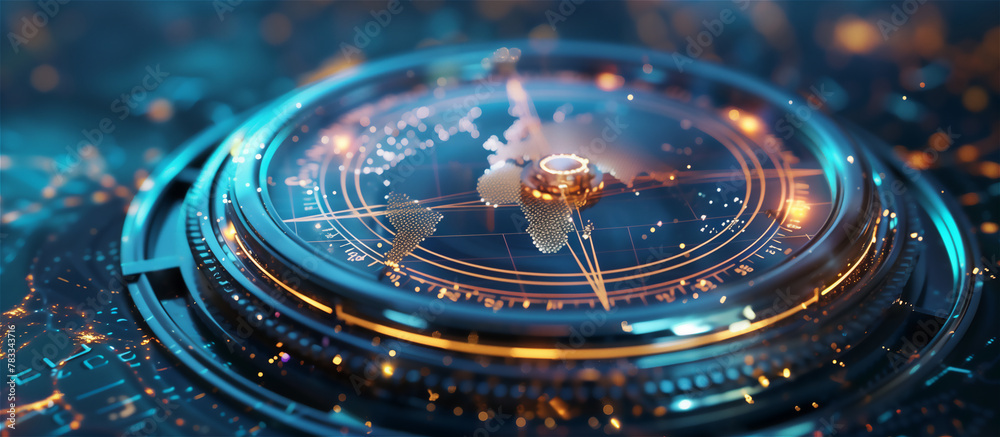 A close-up of a digital compass that marks: strategy for businesses, path on the future, creative strategy, market decision, financial stock, company or life vision.