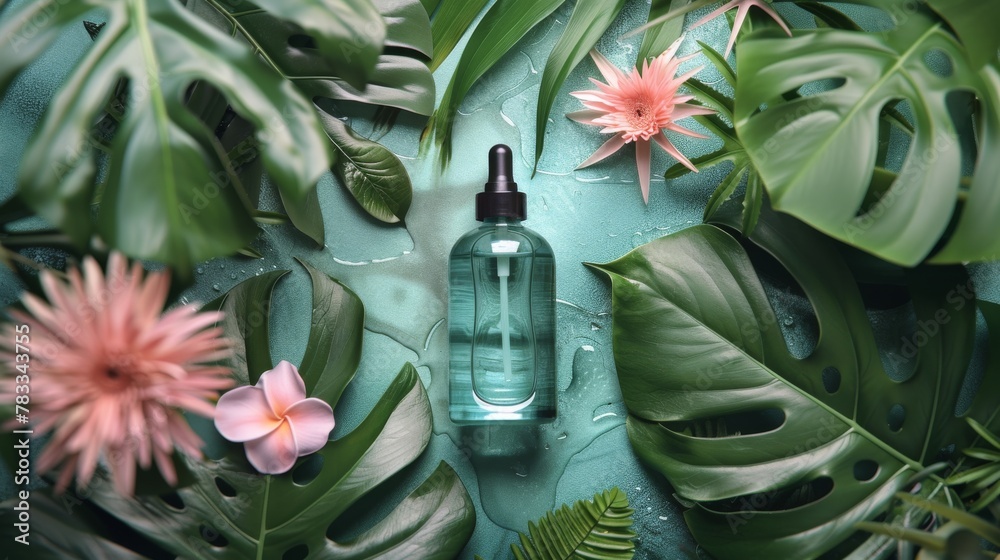 Bottle of Lotion Surrounded by Tropical Leaves and Flowers - obrazy, fototapety, plakaty 