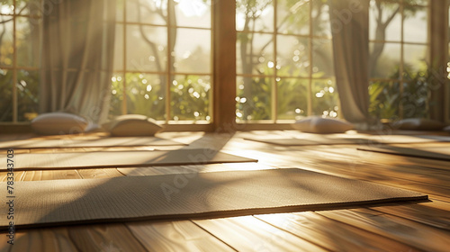 Unrolled yoga mat on wooden floor in modern fitness center or at home with big windows, comfortable space for doing sport exercises, meditating, yoga equipment. fitness practice at home photo