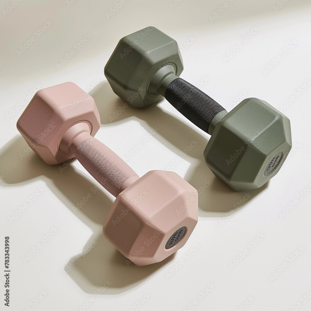 Two dumbbells pink and gray colors isolated on white background. close up Two dumbbells pink and gray colors isolated on white background. close up