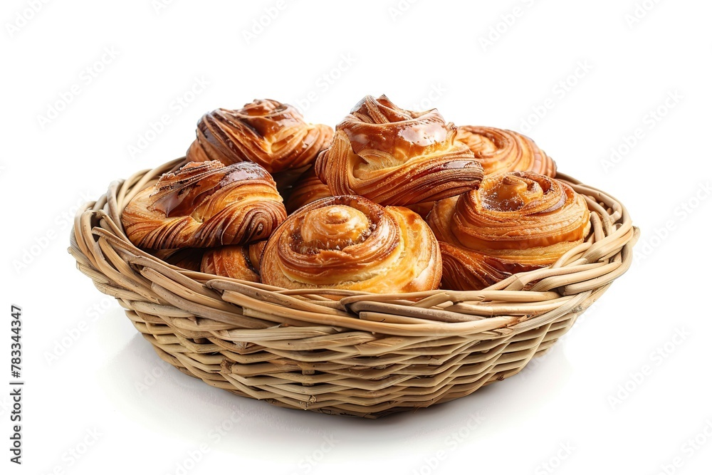 Freshly different baked buns in basket isolated on white background
