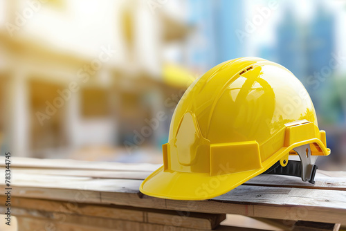 Safety helmet on sunshine and blurred construction background