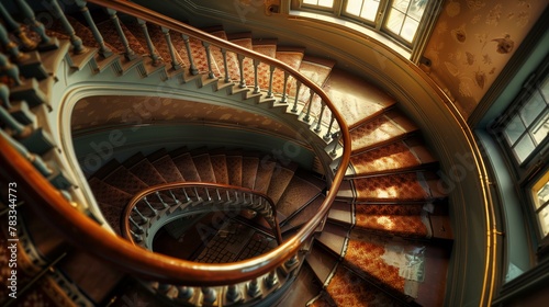 Staircase architectual, spiral staircase in building, luxury flooring elegance inside of window photo