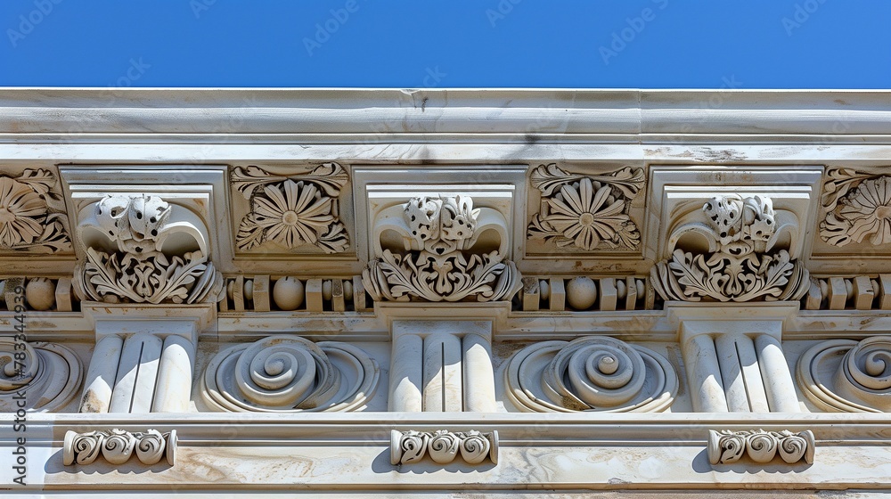 Obraz premium Pediments architectual, building with ornate carvings, ancient sculpture stone material decor fence