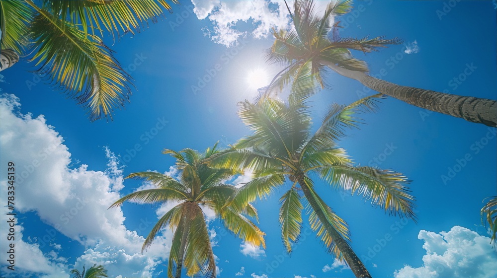 Sun-kissed coconut trees against cerulean sky evoke summer bliss,vibrant photography captures the essence of tropical paradise,inspiring wanderlust and relaxation