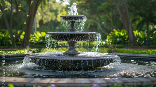 Fountain architectual, fountain in park, plant grass spraying pond tree