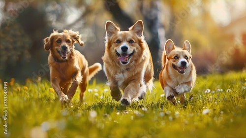 Three happy dogs are running across a green field on a sunny day in the countryside in an impressionist painting style