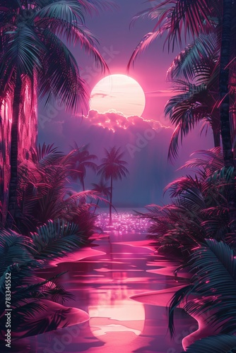 Illustration of a tropical background with sunset or dawn in neon light in retro style. Palm trees and the sun