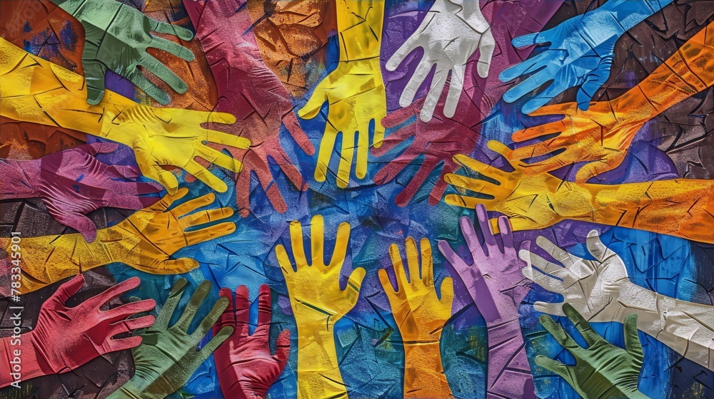 Colorful hands reaching out from a blue background in a contemporary ...