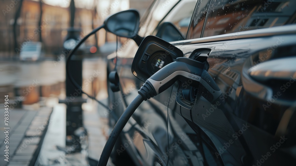 an electric vehicle being charged at a charging station in a modern setting an electric vehicle being charged at a charging station in a modern setting