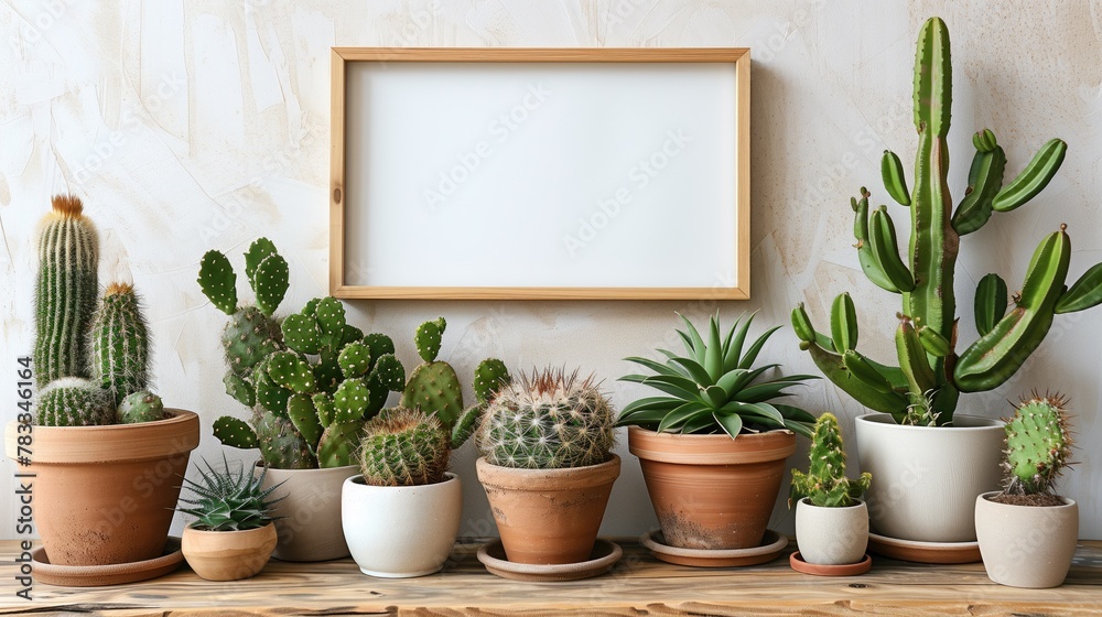 Square wooden frame mock-up with various cactus and succulent plants. White wall with a white shelf. Copy space. Square wooden frame mock-up with various cactus and succulent plants. White wall with a white shelf. Copy space.