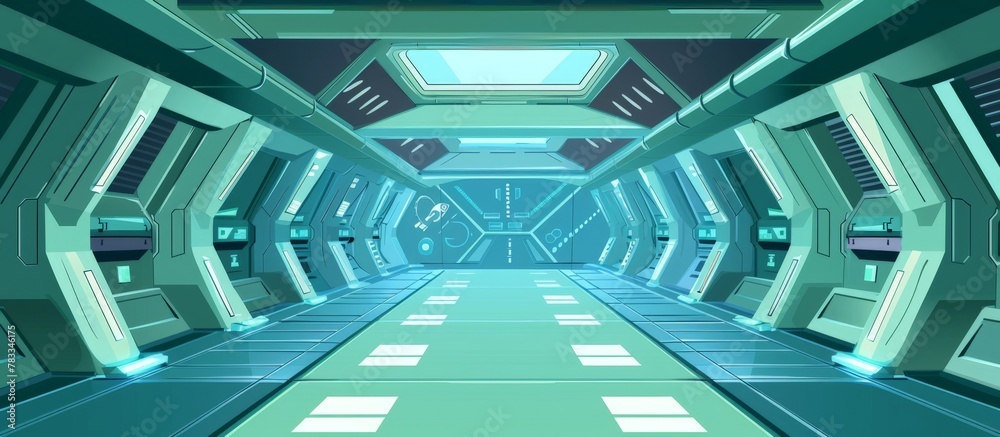 Naklejka premium Futuristic spaceship corridor featuring a vibrant green floor and high-tech design elements