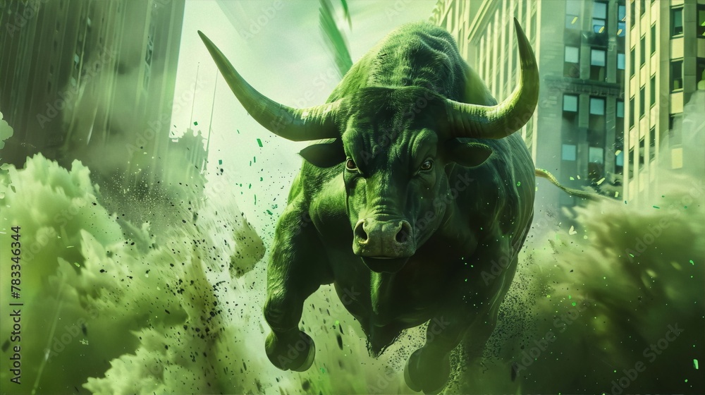 A green bull charges through a city street scattering debris in its path.
