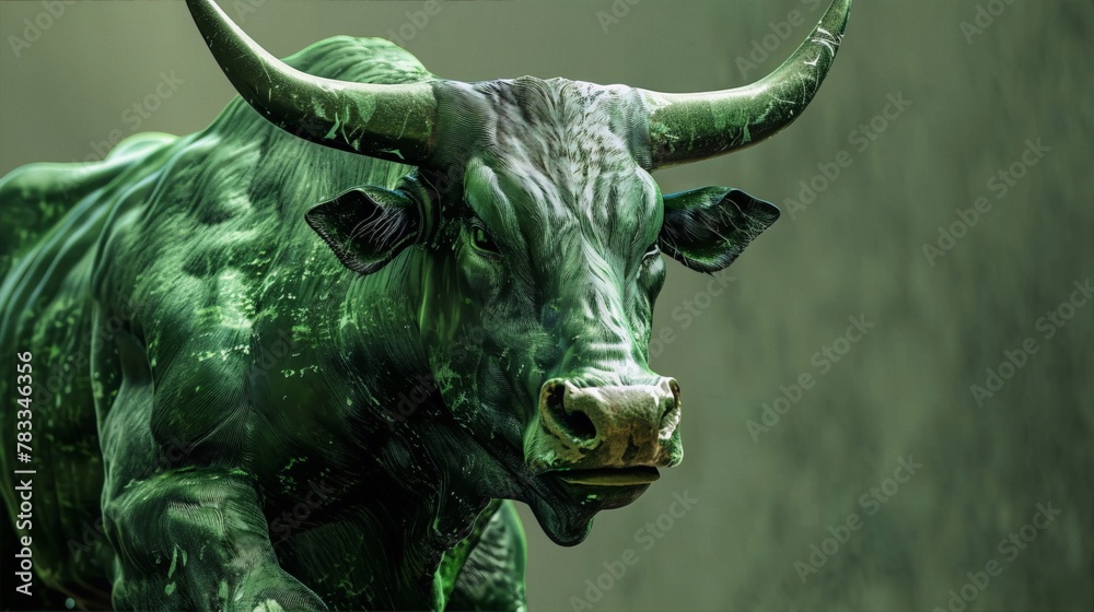 A green bull, with green horns, is looking at you, with a green ...