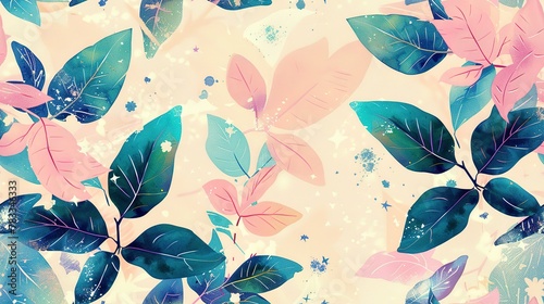 pastel punk botanical art pattern of spring plants, vintage painting, forest leaves, gouache painted illustrated pastel galaxy, watercolor, pastel colors, stars, unicorncore, sparklecore, cosmic