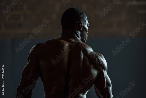 A shirtless man displaying six pack abs and strong back muscles stands in a dark room
