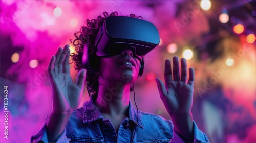 Afro woman wearing virtual reality headset and gesturing with hands in amazement at a concert with bright lights in the background