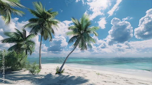 Coconut trees on a beach with white sand and turquoise water under a partly cloudy sky in the background