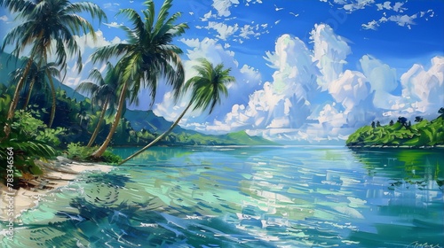 Tranquil turquoise waters and palm trees painted in vivid tropical colors convey a sense of idyllic summer vacation paradise, evoking a relaxing and peaceful mood in the viewer.