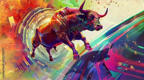 A multicolored bull charges forward with determination and power, embodying strength, courage, and untamed energy in a dynamic and vibrant digital painting.
