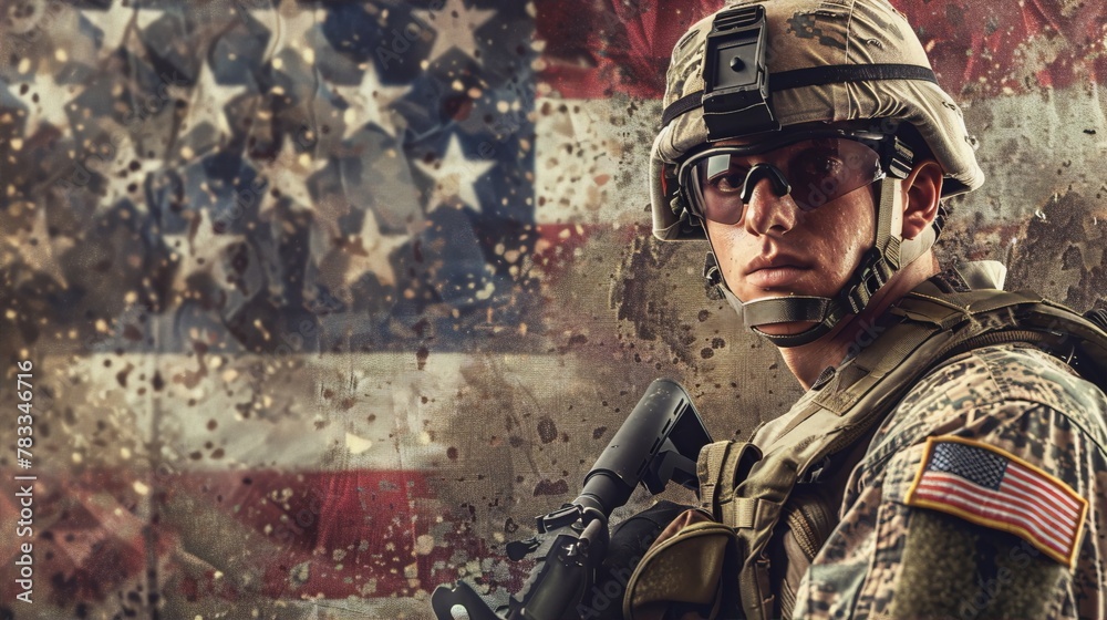 Fototapeta premium Soldier in uniform and helmet with American flag in grunge style