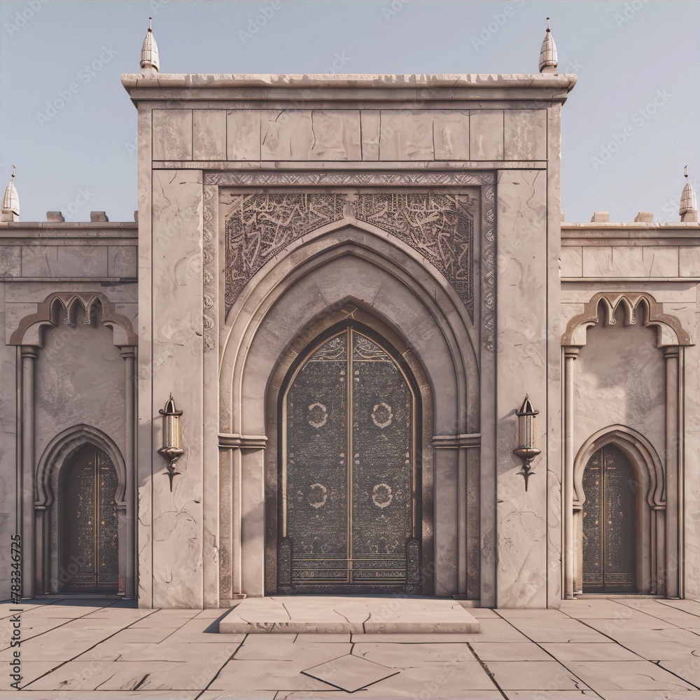 ornate arabic style gate with golden intricate carvings
