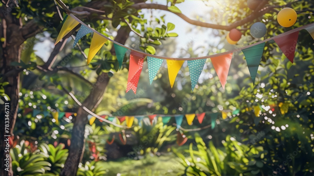 Colorful party flags hanging in a lush green garden, creating a festive atmosphere. - obrazy, fototapety, plakaty 