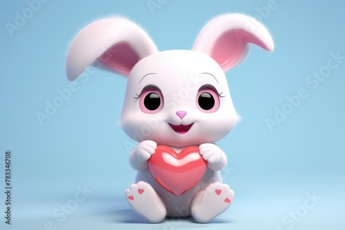 Adorable bunny with a heart, cute and touching for Valentine's Day on a blue background.