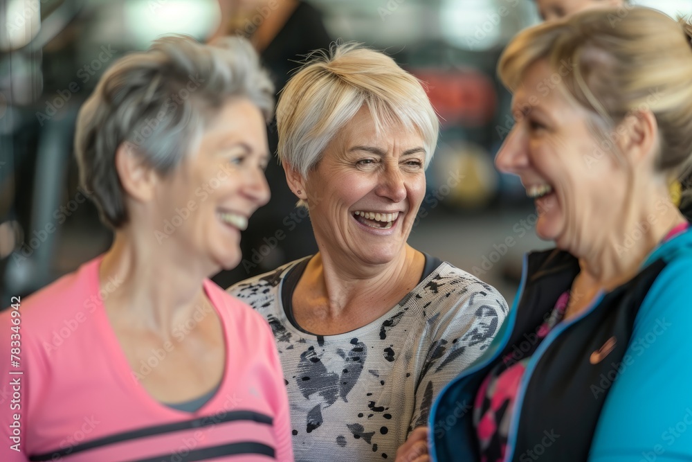Group of mature women having a good time laughing and sharing jokes together after a fitness class in a health club Group of mature women having a good time laughing and sharing jokes together after a fitness class in a health club